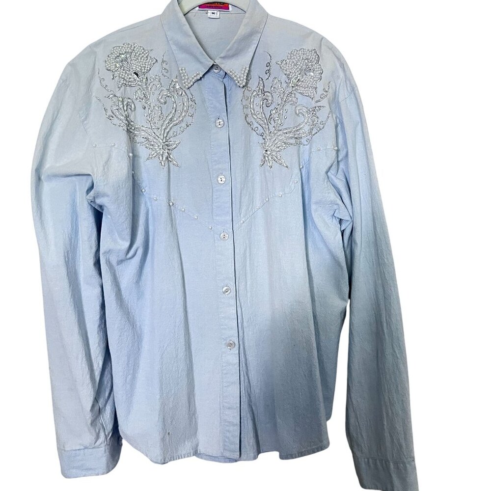 Vtg Elite M Womens Western Shirt Light Blue Pearl & Bead Floral Design Button Up - Picture 2 of 10